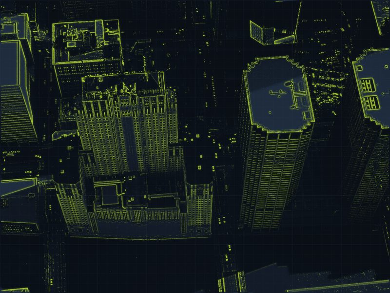 Schematic rendering of an aerial view of Chicago Loop towers
