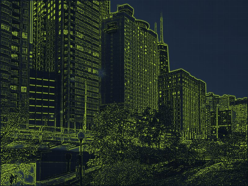 Schematic rendering of a Chicago riverfront hotel district